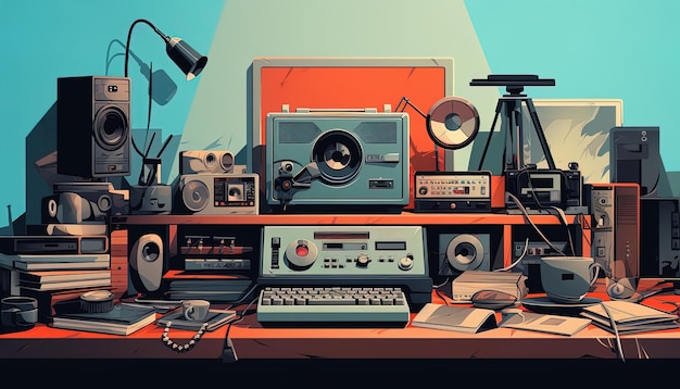 Illustrazione di una composizione retrò con un mix di dispositivi multimediali vintage