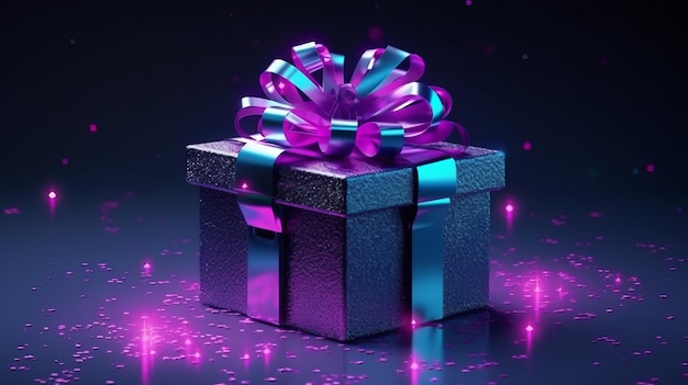 Illustrazione di una confezione regalo futuristica ornata con un nastro e polvere al neon viola su sfondo scuro