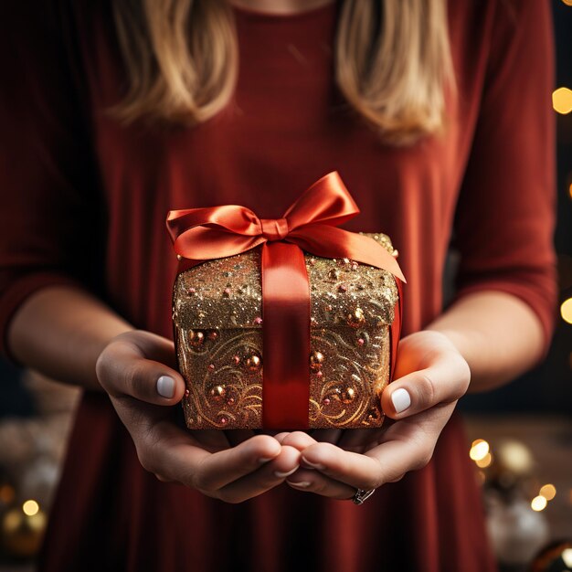 Illustrazione di una confezione regalo in mano con uno sfondo natalizio AI Generato