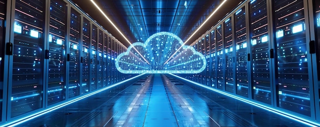 Illustrazione di una configurazione di cloud computing scalabile che enfatizza l'infrastruttura robusta e la gestione fluida dei dati