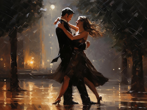 illustrazione di una coppia che balla sotto la pioggia