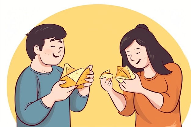 Illustrazione di una coppia che mangia panini con taco