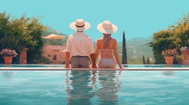 Illustrazione di una coppia che si gode una giornata di sole vicino alla piscina