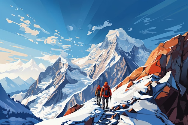Illustrazione di una coppia di alpinisti che camminano in una montagna