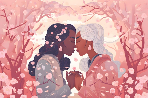 Illustrazione di una coppia di lesbiche innamorate tra i fiori IA generativa 1