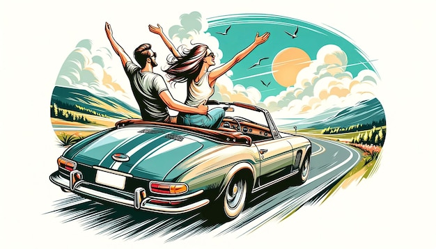 illustrazione di una coppia gioiosa in vacanza durante un viaggio su strada