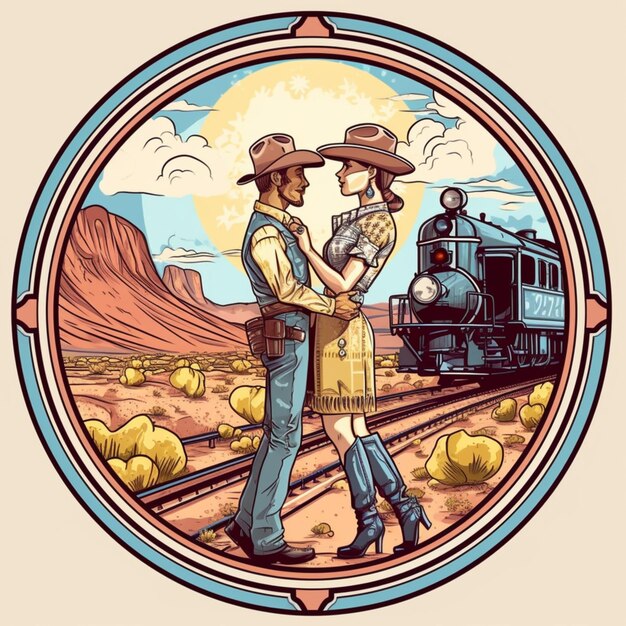 illustrazione di una coppia in abito da cowboy in piedi davanti a un treno generativo ai