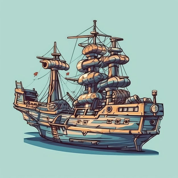 Illustrazione di una corazzata che naviga in alto mare