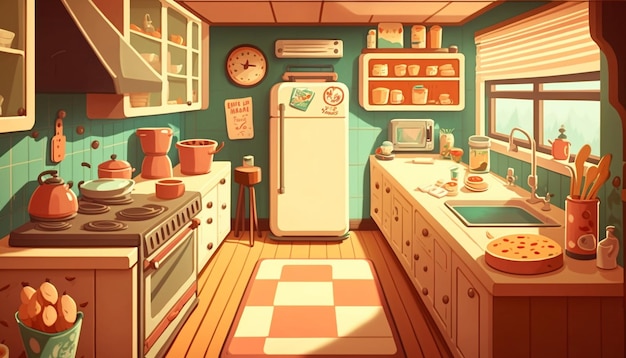 Illustrazione di una cucina con stufa ai generativa