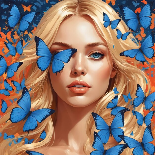 illustrazione di una donna bionda con farfalle blu pittura digitale decorazione copertina sfondo