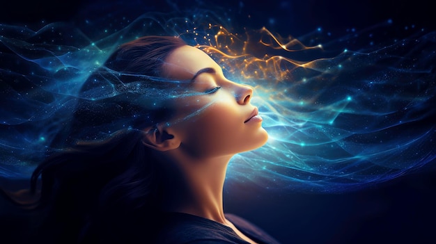 Illustrazione di una donna che dorme e sogna Una ragazza psichica considera la spiritualità della mente e del cuore