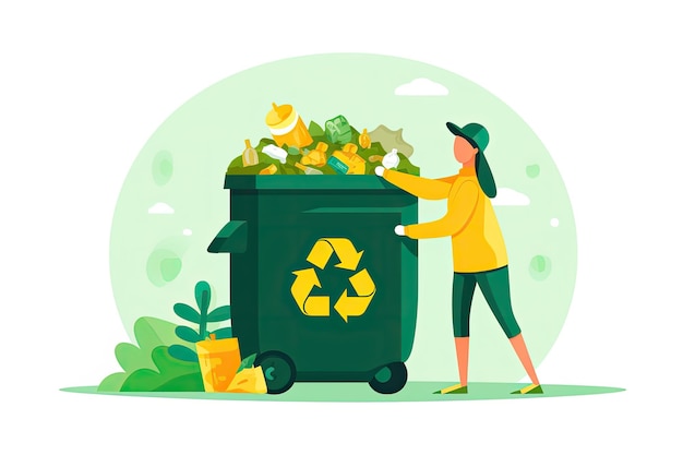 illustrazione di una donna che getta un sacchetto di spazzatura nel bidone del riciclaggio