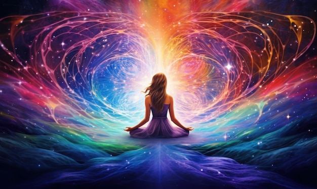 Illustrazione di una donna che medita su uno sfondo spaziale colorato vibrante