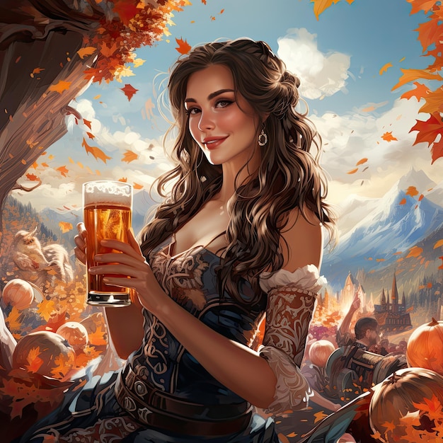 Illustrazione di una donna che tiene la birra alla celebrazione dell'Oktoberfest