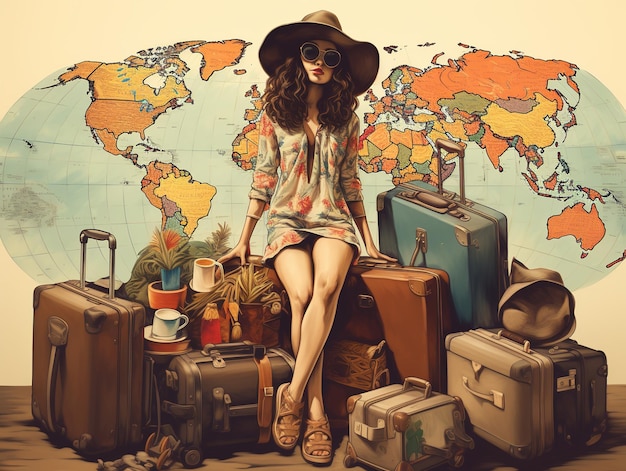illustrazione di una donna che viaggia intorno al mondo