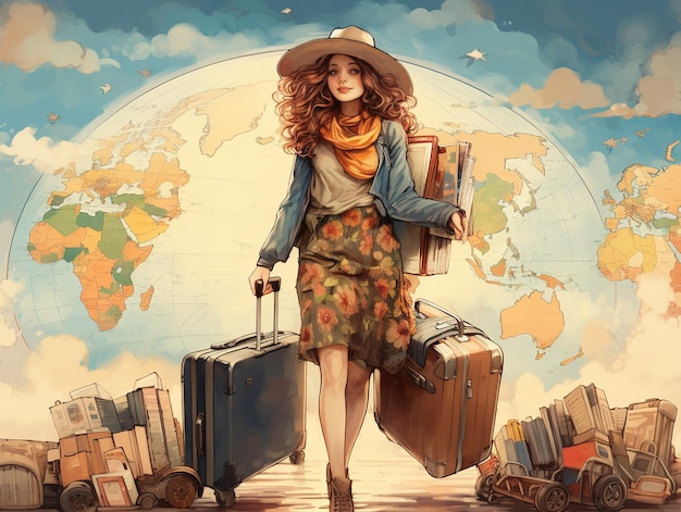 illustrazione di una donna che viaggia intorno al mondo