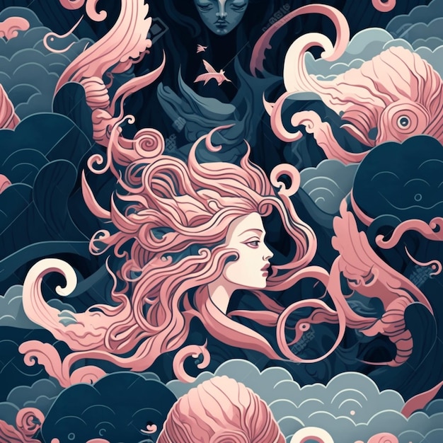 illustrazione di una donna con capelli lunghi e una coda di sirena ai generativa