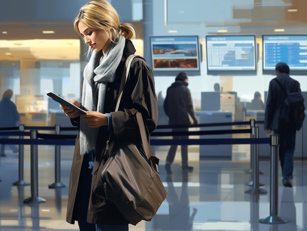 illustrazione di una donna con i biglietti aerei all'aeroporto