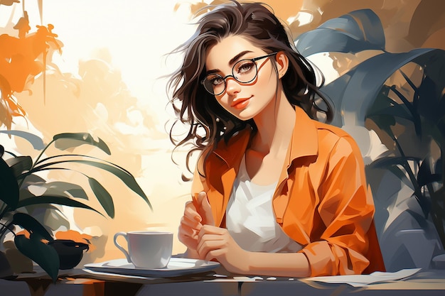 illustrazione di una donna con il caffè in ufficio