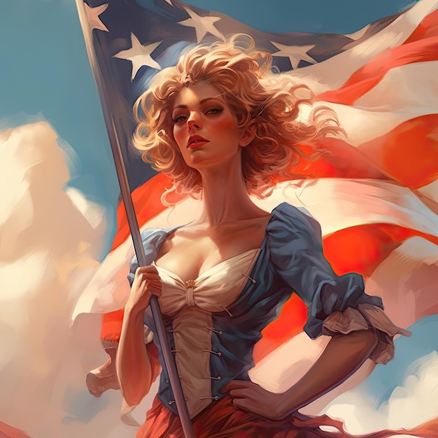 Illustrazione di una donna con una bandiera americana che mostra la cartolina d'auguri del giorno dell'indipendenza