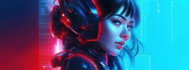 Illustrazione di una donna cyborg e background tecnologico Ai AI Generato