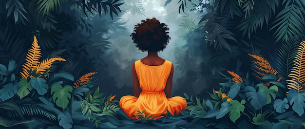 illustrazione di una donna in meditazione nella giungla nello stile di un appartamento ispirato alla natura AI generativa