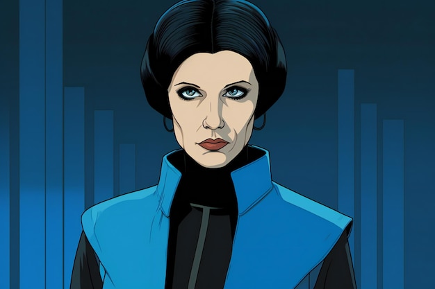 Illustrazione di una donna in una giacca blu su uno sfondo scuro