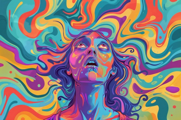 Illustrazione di una donna spaventata con uno sfondo surreale colorato