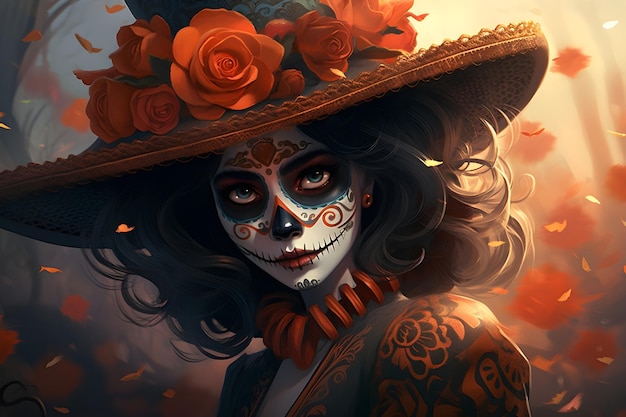 Illustrazione di una donna vestita al Dia de Muertos