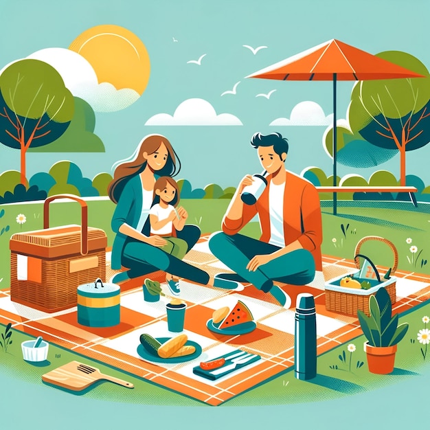 Illustrazione di una famiglia che si diverte in un parco per la giornata internazionale di picnic