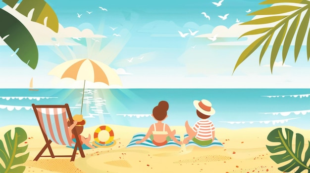 illustrazione di una famiglia che si rilassa sulla spiaggia in estate