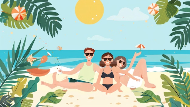 illustrazione di una famiglia che si rilassa sulla spiaggia in estate