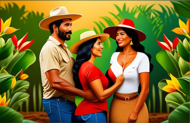 Illustrazione di una famiglia colombiana con un background agricolo