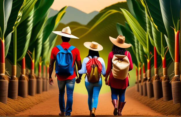 Illustrazione di una famiglia colombiana con un background agricolo