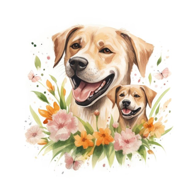 Illustrazione di una famiglia di cani con fiori su uno sfondo bianco