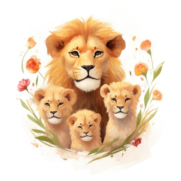Illustrazione di una famiglia di leoni con fiori su uno sfondo bianco