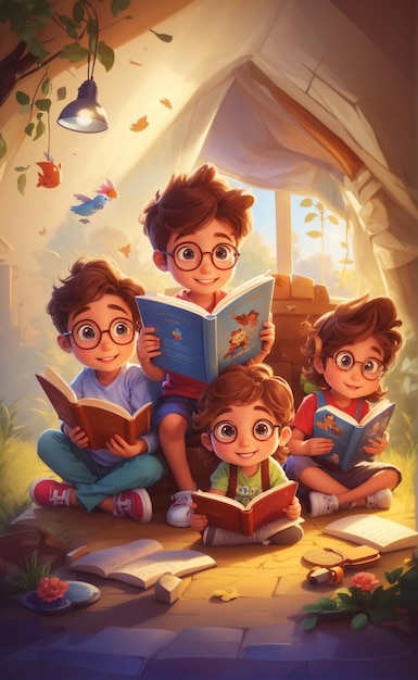 Illustrazione di una famiglia felice che legge un libro in stile 3D 5