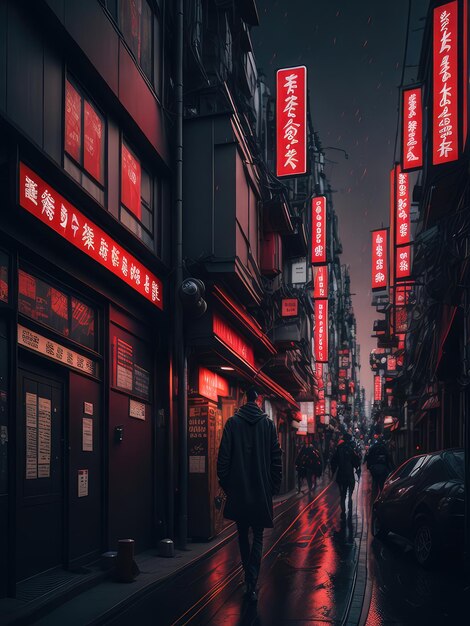 Illustrazione di una figura solitaria che cammina di notte lungo una strada urbana buia creata con la tecnologia Generative AI