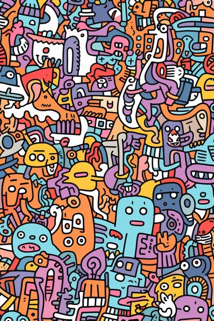 Illustrazione di una folla di doodle colorati, un alieno carino e un mostro creati con la tecnologia Generative AI