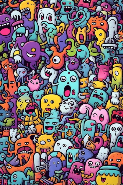 Illustrazione di una folla di doodle colorati, un alieno carino e un mostro creati con la tecnologia Generative AI