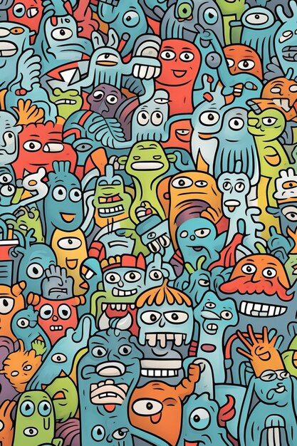 Illustrazione di una folla di doodle colorati, un alieno carino e un mostro creati con la tecnologia Generative AI