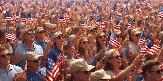 Illustrazione di una folla di persone con bandiere americane che celebrano il Giorno dell'Indipendenza