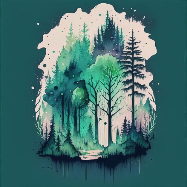 Illustrazione di una foresta in montagna su uno sfondo verde AI generativa