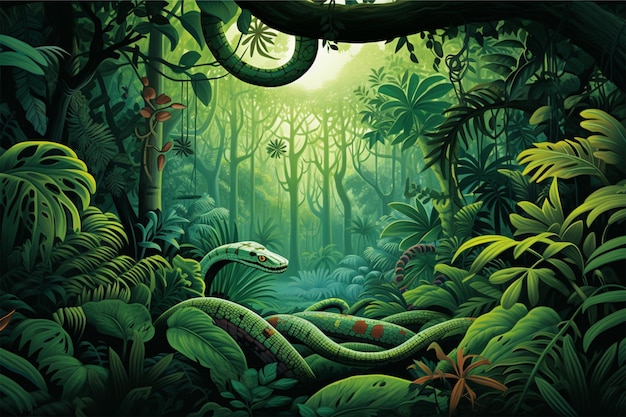Illustrazione di una foresta pluviale tropicale con un serpente verde