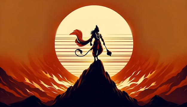 Illustrazione di una forte silhouette di Hanuman sulla cima della montagna per Hanuman Jayanti