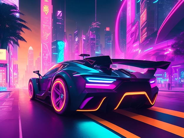 Illustrazione di una fuga dalla città futuristica con un'auto sportiva su strade illuminate al neon