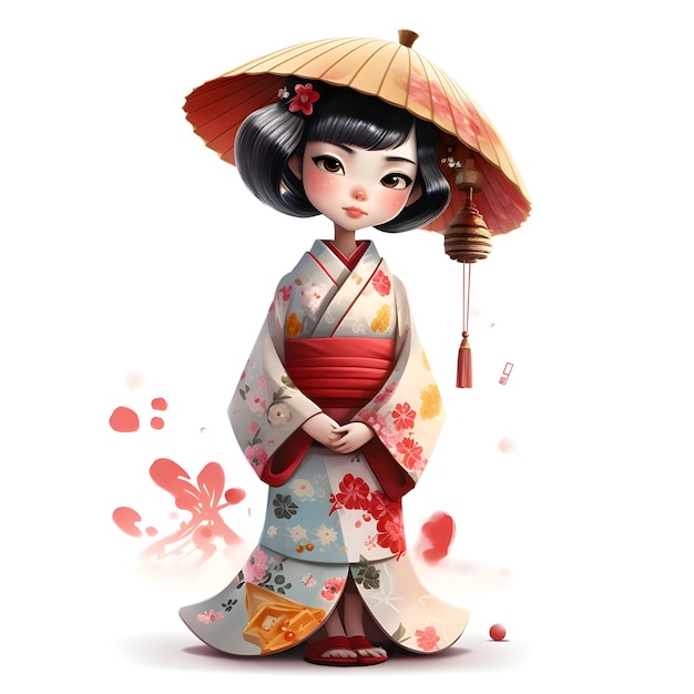 Illustrazione di una geisha giapponese con un ombrello rosso su sfondo bianco