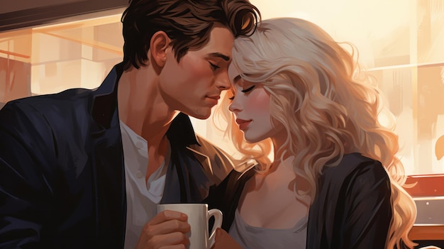 Illustrazione di una giovane coppia adorabile che sta per baciarsi in una caffetteria