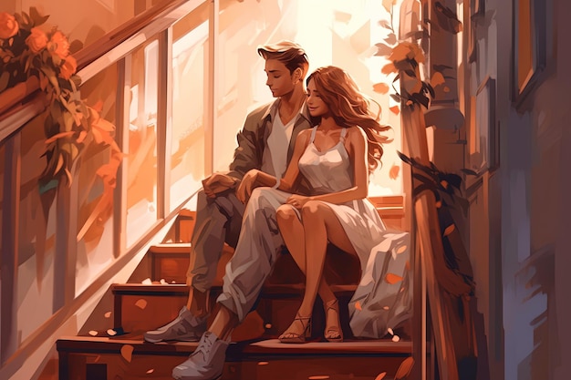 Illustrazione di una giovane coppia che si abbraccia e si siede sulle scale nel soggiorno e nel giorno dell'amicizia sorridente