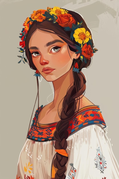 illustrazione di una giovane donna bellissima in un costume tradizionale ucraino dettagli di fiori sbalorditivi